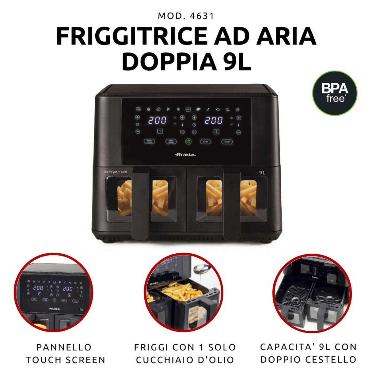 Ariete 4631/00 Friggitrice ad aria doppia 9 L, 2400 W, Touch, 11 programmi, Nero