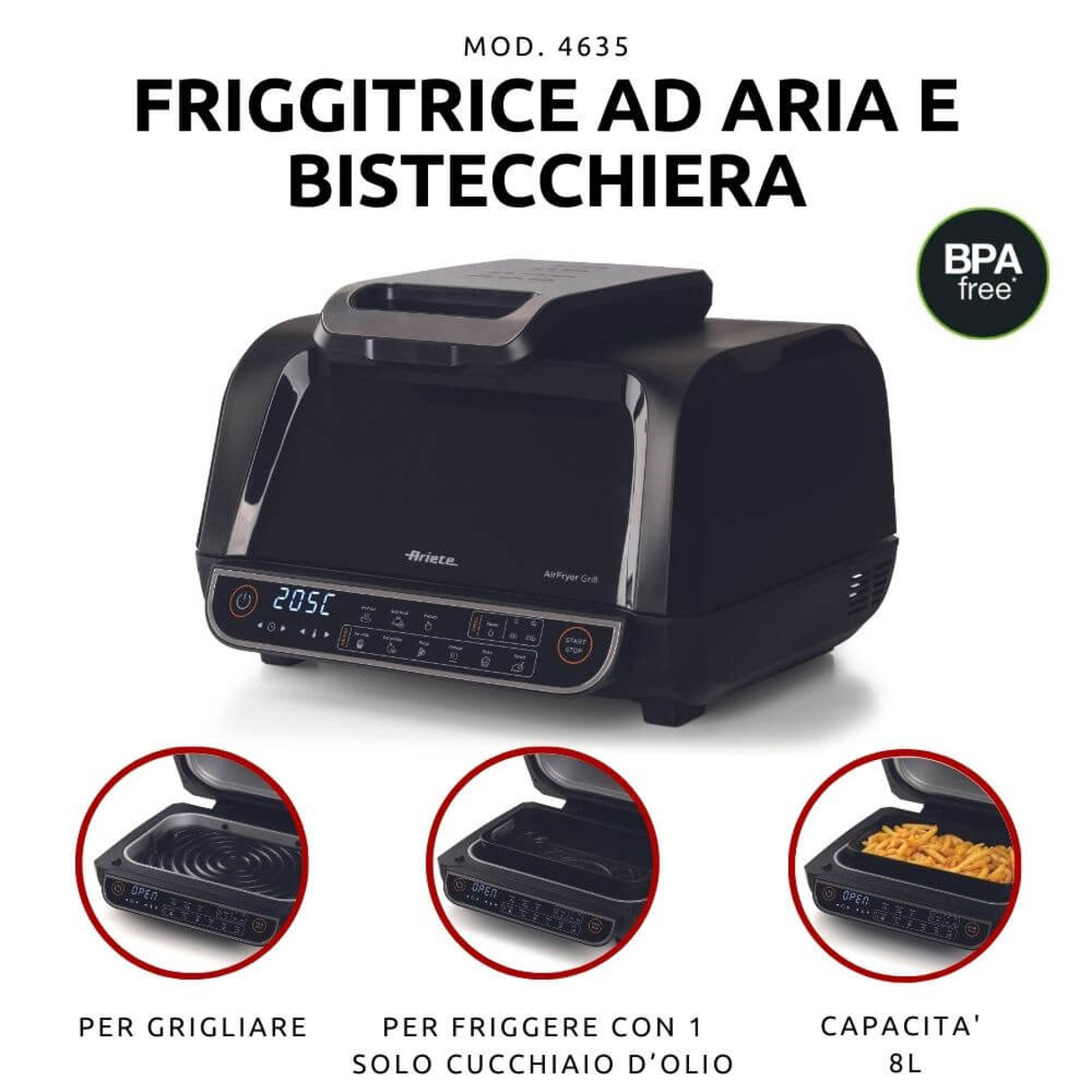 Ariete Air Fryer Grill 4635/00 – Friggitrice ad Aria e Griglia 8 L 1700 W Nero
