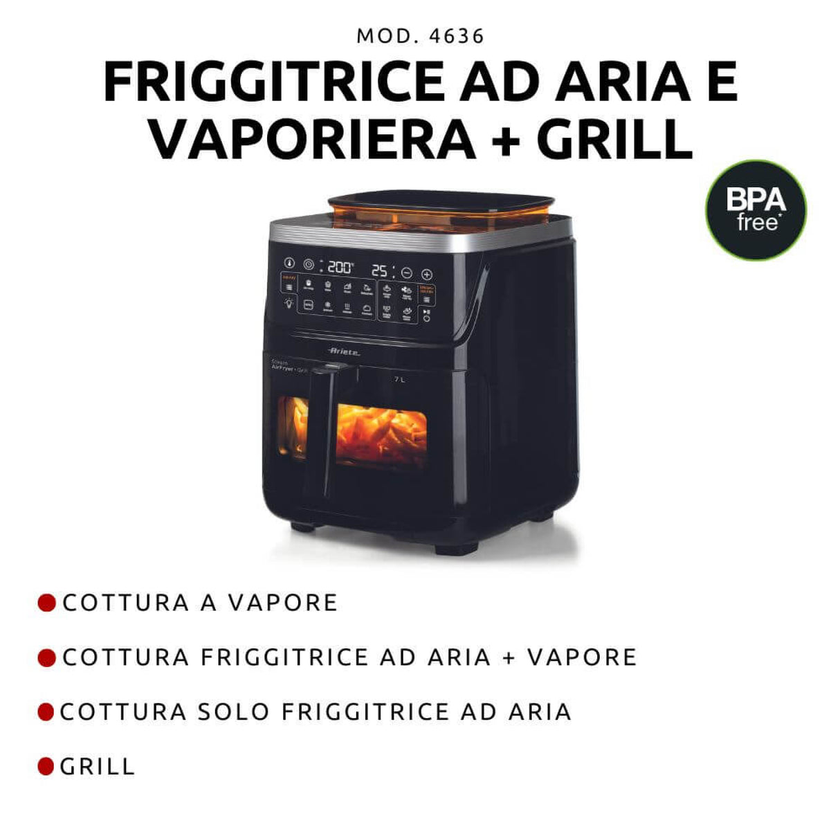 Ariete 4636/00 Friggitrice ad Aria 7 L con Vapore e Grill – 1700 W
