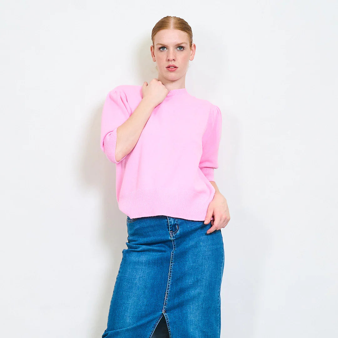 Pullover Donna Maglia a Maniche Corte con Bordo a Costine