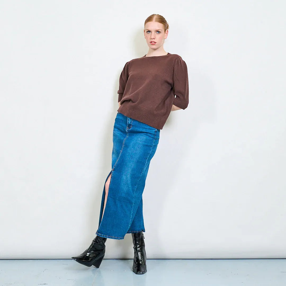 Pullover Donna Maglia a Maniche Corte con Bordo a Costine