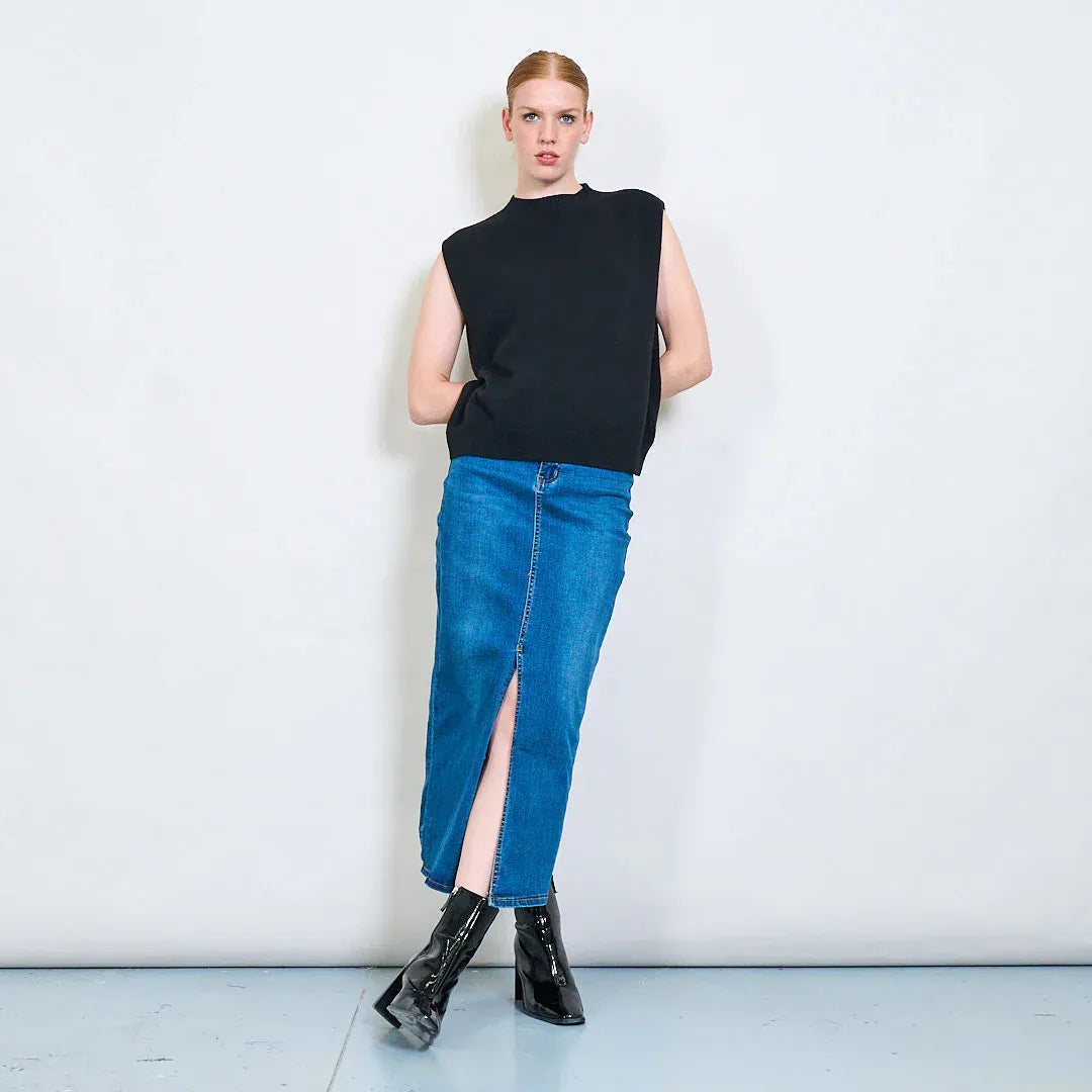 Gilet Donna a Girocollo Senza Maniche in Maglia con Fondo a Costine