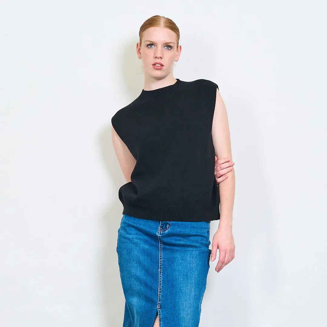 Gilet Donna a Girocollo Senza Maniche in Maglia con Fondo a Costine