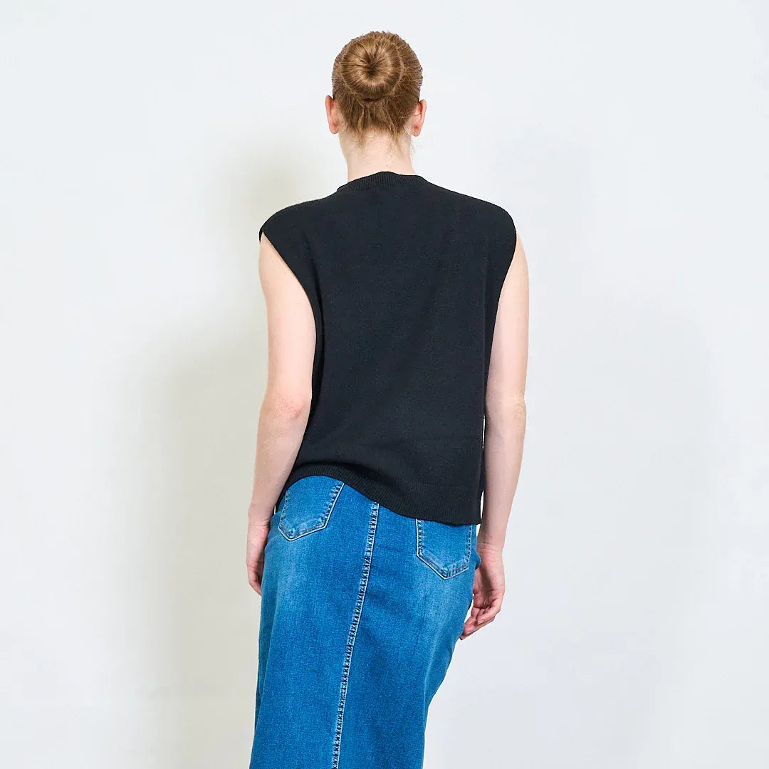 Gilet Donna a Girocollo Senza Maniche in Maglia con Fondo a Costine