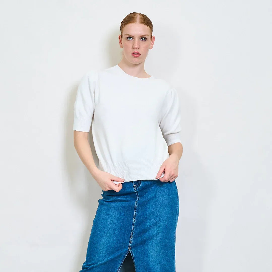 Pullover Donna Maglia a Maniche Corte con Bordo a Costine