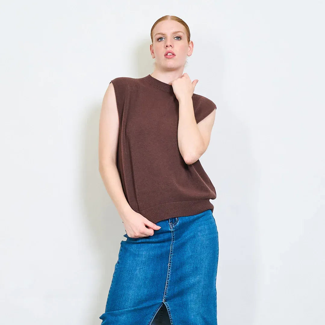 Gilet Donna a Girocollo Senza Maniche in Maglia con Fondo a Costine