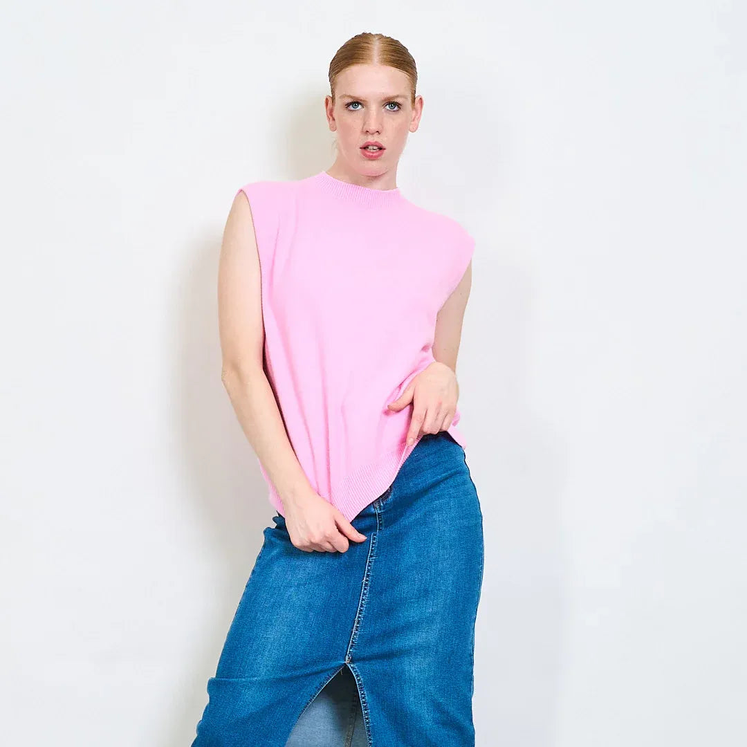 Gilet Donna a Girocollo Senza Maniche in Maglia con Fondo a Costine