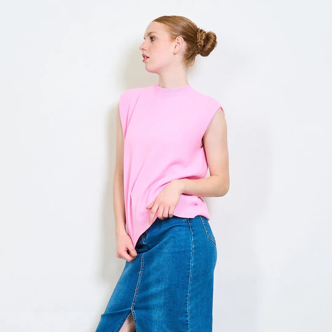 Gilet Donna a Girocollo Senza Maniche in Maglia con Fondo a Costine