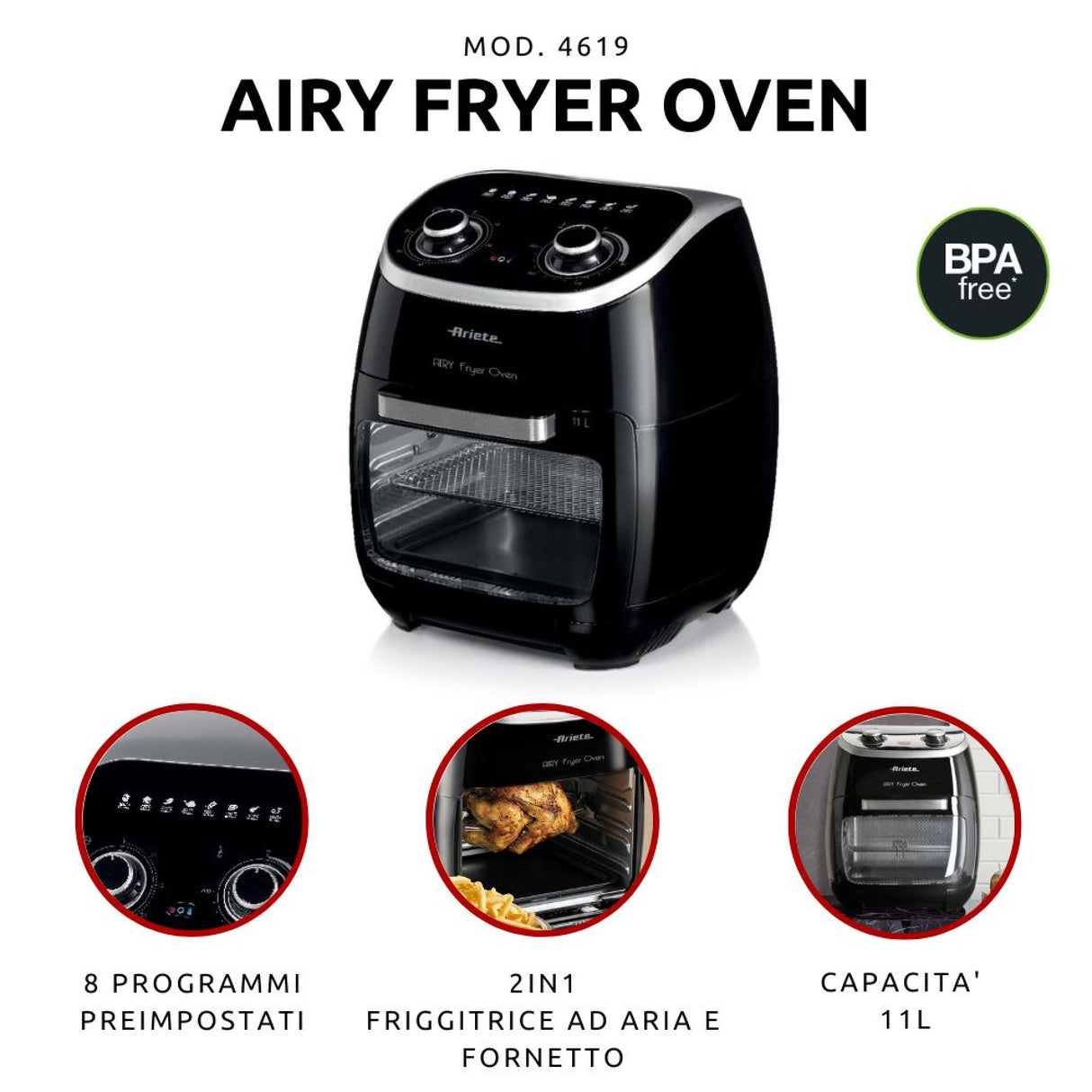 Ariete Airy Fryer Oven 4619 Friggitrice ad Aria e Forno Elettrico 11 L 2000 W con Girarrosto